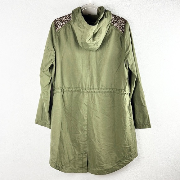 ELLOS |🪖💛Army Green Hooded Gold Sparkly Shoulders Long Trench Coat - Picture 2 of 12